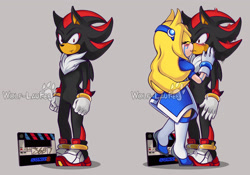 Size: 3559x2495 | Tagged: safe, artist:wolf-laufer, maria robotnik, shadow the hedgehog, oc, oc:maria the hedgehog, hedgehog, sonic the hedgehog 3 (film), 2023, age difference, blushing, duo, eyes closed, frizzed, frown, fur markings, grey background, holding them, looking at them, maria x shadow, mobianified, pseudo-incest, shipping, shrunken pupils, signature, simple background, standing, straight, surprise kiss, surprised