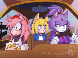 Size: 2385x1781 | Tagged: safe, artist:wolf-laufer, amy rose, blaze the cat, maria robotnik, oc, oc:maria the hedgehog, cat, hedgehog, 2024, alternate outfit, arms folded, car, clothes, driving, eyelashes, fur markings, lidded eyes, looking offscreen, mobianified, road sign, sign, signature, steering wheel, trio
