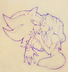 Size: 937x997 | Tagged: safe, artist:koshechka-ninja, maria robotnik, shadow the hedgehog, hedgehog, human, 2014, age difference, duo, eyes closed, grey background, holding them, kiss, line art, maria x shadow, monochrome, mouth open, pseudo-incest, shipping, simple background, straight