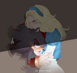 Size: 1254x1193 | Tagged: safe, artist:miss-minu, maria robotnik, shadow the hedgehog, hedgehog, human, 2017, age difference, beige background, blushing, cute, dark, duo, eye clipping through hair, eyebrow clipping through hair, eyes closed, frown, hugging, lidded eyes, maria x shadow, mariabetes, pseudo-incest, shipping, simple background, smile, straight