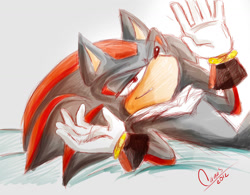 Size: 1280x997 | Tagged: safe, artist:cardonanavas, shadow the hedgehog, hedgehog, 2012, bed, hands up, lidded eyes, looking up, lying down, signature, simple background, smile, solo, white background