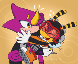 Size: 1124x924 | Tagged: safe, artist:flameheart87, charmy bee, espio the chameleon, bee, 2026, chameleon, duo, eyes closed, flat colors, horns, hugging, looking at them, one eye closed, redesign, scarf, smile, standing