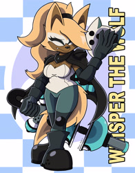 Size: 3300x4200 | Tagged: safe, artist:thelordoflemonz, whisper the wolf, wolf, 2026, character name, english text, eyes closed, holding something, one fang, solo, standing, text