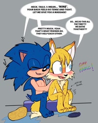 Size: 1028x1280 | Tagged: source needed, suggestive, miles "tails" prower, nine, sonic the hedgehog, sonic prime, bathing, blushing, chest fluff, duo, eyes closed, gay, looking offscreen, nervous, nude, panicking, paws, shy, sitting, water, wet