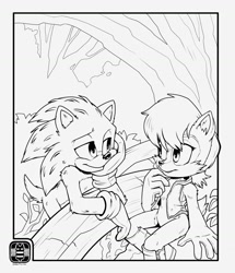 Size: 1200x1393 | Tagged: safe, artist:finimun, sally acorn, sonic the hedgehog, chipmunk, hedgehog, sonic the hedgehog (2020), 2023, duo, female, forest, looking at viewer, male, movie style, sally x sonic, sally's vest and boots, shipping, straight, tree