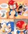 Size: 1449x1782 | Tagged: safe, artist:quaverdraws, nicole the hololynx, sally acorn, sonic the hedgehog, chipmunk, hedgehog, lynx, 2024, comic, dialogue, drink, drinking glasses, english text, female, greeting, heart, holding something, hololynx, juice, male, nicole's purple wraps, phone, sally's vest and boots, speech bubble, sweatdrop, trio