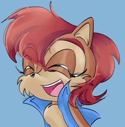 Size: 975x993 | Tagged: safe, artist:leso_universe, sally acorn, chipmunk, 2026, alternate version, blue background, female, happy, sally's vest and boots, simple background, solo
