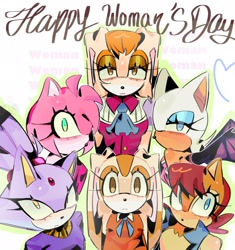 Size: 1928x2048 | Tagged: safe, artist:4shliie, amy rose, blaze the cat, cream the rabbit, rouge the bat, sally acorn, vanilla the rabbit, bat, cat, chipmunk, hedgehog, rabbit, 2026, child, english text, female, group, looking at viewer, pose, sally's vest and boots, simple background, women's day