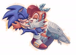 Size: 1919x1400 | Tagged: safe, artist:jadepesky, sally acorn, sonic the hedgehog, chipmunk, hedgehog, 2026, alternate outfit, clothes, duo, eyes closed, female, happy, hugging, male, sally x sonic, shipping, straight