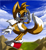 Size: 734x800 | Tagged: safe, artist:qwisse, miles "tails" prower, sonic cd, 2014, clouds, daytime, looking offscreen, mid-air, mountain, mouth open, outdoors, salute, smile, solo