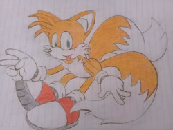 Size: 1280x960 | Tagged: safe, artist:rose-factor, miles "tails" prower, sonic adventure, 2020, backwards v sign, double v sign, flat colors, lined paper, looking at viewer, mouth open, posing, redraw, solo, traditional media, treads, v sign