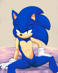 Size: 1000x1250 | Tagged: safe, artist:f-sonic, sonic the hedgehog, 2015, beige background, featureless crotch, hand on leg, hand on thigh, lidded eyes, simple background, sitting, smile, solo, spread legs, stupid sexy sonic