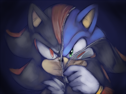 Size: 800x600 | Tagged: safe, artist:f-sonic, shadow the hedgehog, sonic the hedgehog, 2014, disguise, frown, gradient background, looking offscreen, solo