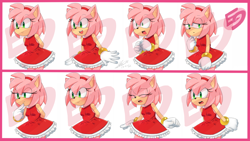 Size: 1000x562 | Tagged: safe, artist:f-sonic, amy rose, 2016, blushing, border, expression sheet, eyes closed, frown, lidded eyes, looking offscreen, mouth open, obtrusive watermark, sad, shocked, simple background, smile, solo, standing, thinking, watermark, white background