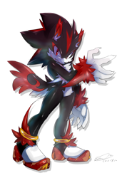 Size: 1300x1901 | Tagged: safe, artist:f-sonic, shadow the hedgehog, wolf, 2018, claws, fluffy, frown, fur markings, looking at viewer, one fang, signature, simple background, solo, species swap, standing, white background