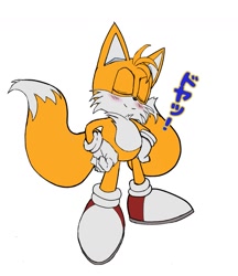 Size: 1079x1246 | Tagged: safe, artist:elznkpeevrgnufj, miles "tails" prower, 2026, blushing, eyes closed, flat colors, hands on hips, japanese text, proud, simple background, smile, solo, text, white background