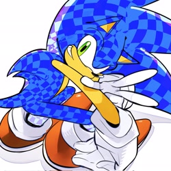 Size: 2048x2048 | Tagged: safe, artist:wifiwhere, sonic the hedgehog, 2026, crouching, fur markings, looking at viewer, simple background, smile, solo, v sign, white background