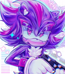 Size: 1810x2048 | Tagged: safe, artist:nekr0z1z, shadow the hedgehog, 2026, ear fluff, echo background, eyelashes, fluffy, gun, holding something, looking at viewer, mouse (computer), mouth open, one fang, solo, sparkles, star (symbol), weapon