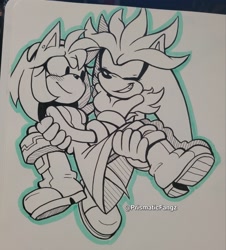 Size: 1849x2048 | Tagged: safe, artist:prismaticfangz, amy rose, silver the hedgehog, 2026, black and white, blushing, carrying them, duo, flying, line art, looking at each other, mid-air, monochrome, outline, psychokinesis, shipping, signature, silvamy, smile, spot color, straight, treads