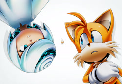 Size: 2047x1406 | Tagged: safe, artist:thatbirdguy_, miles "tails" prower, sage, sonic frontiers, 2026, alternate universe, au:tails frontiers, clenched teeth, duo, frown, hand on chest, looking at each other, seed, simple background, upside down, white background