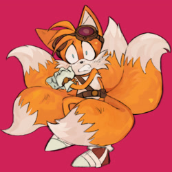 Size: 2048x2048 | Tagged: safe, artist:ifijustfollowyou, miles "tails" prower, 2026, alternate universe, au:multitails, clenched teeth, frown, kitsune, pink background, simple background, solo, sonic boom (tv), standing, worried