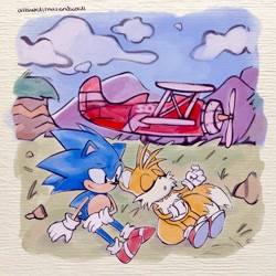 Size: 2048x2048 | Tagged: safe, artist:ifijustfollowyou, miles "tails" prower, sonic the hedgehog, 2025, aircraft, biplane, clouds, daytime, duo, eyes closed, fanfiction art, grass, looking back, mountain, outdoors, sitting, sleeping, smile, tornado i, treads