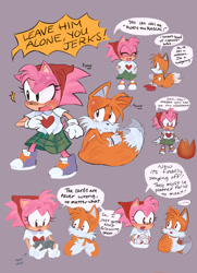 Size: 1481x2048 | Tagged: safe, artist:ifijustfollowyou, amy rose, miles "tails" prower, 2026, aged down, alternate universe, amybetes, arrow, bandaid, bandaid over nose, blushing, card, child, crying, cute, dialogue, duo, english text, fleetway, fleetway amy, frown, grey background, heart tongue, mouth open, not shipping, one fang, protecting, shouting, simple background, sitting, smile, speech bubble, standing, tailabetes, tarot card, tears, tears of sadness, text