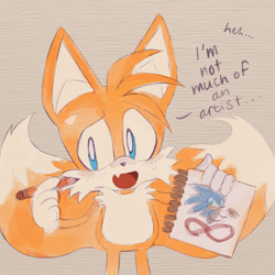 Size: 2048x2048 | Tagged: safe, artist:ifijustfollowyou, miles "tails" prower, fox, 2026, dialogue, drawing, english text, grey background, headcanon, holding something, male, mouth open, notepad, one fang, pencil, simple background, solo, standing, sweatdrop, text