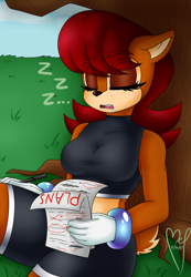 Size: 506x731 | Tagged: safe, artist:melancholybat, sally acorn, chipmunk, 2017, daytime, female, grass, holding something, leaning on something, paper, paperwork, sally's ringblader outfit, sitting, sleeping, solo, tree, watermark, zzz
