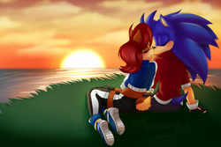 Size: 1024x683 | Tagged: safe, artist:melancholybat, sally acorn, sonic the hedgehog, chipmunk, hedgehog, 2020, clothes, duo, female, fully clothed, jacket, male, sally x sonic, shipping, shorts, sitting, snuggling, straight, sun, sunset, water, watermark