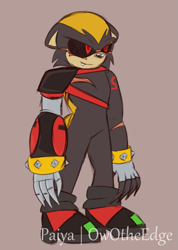 Size: 923x1296 | Tagged: safe, artist:owotheedge, e-123 omega, badger, 2021, black sclera, claws, cyborg, deroboticized, flat colors, fur markings, honey badger, looking offscreen, one fang, prosthetic, scar, signature, simple background, smile, solo, standing