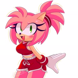 Size: 2048x2048 | Tagged: safe, artist:artangelo381341, amy rose, hedgehog, blushing, female, midriff, ponytail, shorts, white background, workout outfit