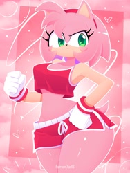 Size: 1500x2000 | Tagged: safe, artist:xan13, amy rose, female, midriff, pink background, thick thighs, wide hips, workout outfit