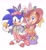 Size: 1727x1878 | Tagged: safe, artist:jadepesky, sally acorn, sonic the hedgehog, chipmunk, hedgehog, 2026, alternate outfit, basket, bunny ears, classic sally, classic sonic, clothes, duo, easter, easter basket, easter egg, egg, female, flower, flower crown, fully clothed, hand on hip, hat, head tilt, holding something, looking at viewer, male, mouth open, open smile, pose, sally x sonic, shipping, simple background, smile, smiling at viewer, straight, white background