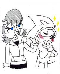 Size: 1280x1588 | Tagged: safe, artist:erictmason, sally acorn, sonic the hedgehog, chipmunk, hedgehog, 2026, black and white, blushing, duo, female, male, sally x sonic, sally's ringblader outfit, shipping, simple background, sparkles, straight, valentine's day, white background