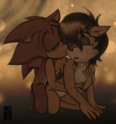 Size: 2048x2202 | Tagged: suggestive, artist:roseduelistbbshm, sally acorn, sonic the hedgehog, chipmunk, hedgehog, 2021, duo, female, kiss, kiss on cheek, male, nudity, sally x sonic, shipping, straight