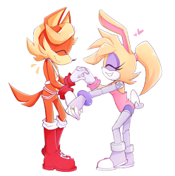 Size: 970x979 | Tagged: safe, artist:cyberneticeden, antoine d'coolette, bunnie rabbot, coyote, rabbit, 2019, buntoine, duo, female, happy, heart, holding hands, looking at each other, male, shipping, smile, straight, transparent background