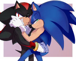 Size: 1540x1228 | Tagged: safe, artist:rapirasc, shadow the hedgehog, sonic the hedgehog, 2025, duo, frown, gay, holding each other, lidded eyes, looking at viewer, looking offscreen, shadow x sonic, shipping, smile, standing