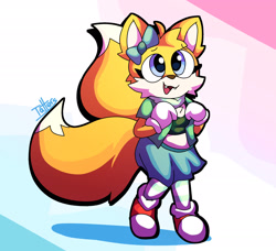 Size: 2048x1865 | Tagged: safe, artist:tatters-the-bat, miles "tails" prower, 2026, clothes, cute, shirt, signature, skirt, smile, solo, standing, tailabetes, trans female, trans girl tails, transgender