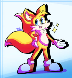 Size: 2048x2198 | Tagged: safe, artist:tatters-the-bat, miles "tails" prower, fox, looking at viewer, male, signature, smile, solo, sparkles, standing