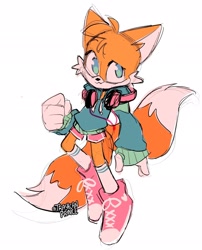 Size: 1658x2048 | Tagged: safe, artist:trashcanprince, miles "tails" prower, fox, 2022, :3, clenched fist, clothes, cute, eyelashes, flat colors, fully clothed, headphones, headphones around neck, hoodie, looking at viewer, male, pink shoes, shoelaces, shoes, shorts, signature, simple background, smile, socks, solo, white background