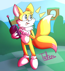 Size: 2006x2208 | Tagged: safe, artist:tatters-the-bat, miles "tails" prower, fox, green hill zone, 2023, abstract background, bush, chest fluff, clouds, cute, daytime, ear fluff, fangs, holding something, looking offscreen, loop, male, mouth open, ocean, outdoors, remote controller, signature, smile, solo, tailabetes, water