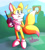 Size: 2006x2208 | Tagged: safe, artist:tatters-the-bat, miles "tails" prower, fox, green hill zone, 2023, abstract background, bush, chest fluff, clouds, cute, daytime, ear fluff, fangs, holding something, looking offscreen, loop, male, mouth open, ocean, outdoors, remote controller, signature, smile, solo, tailabetes, water