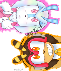 Size: 850x1000 | Tagged: safe, artist:yarat14, charmy bee, jewel the beetle, 2026, duo, outline, sideways, signature, simple background, smile, white background