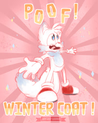 Size: 800x1000 | Tagged: safe, artist:kantaroluxpus, miles "tails" prower, 2020, arms out, english text, looking offscreen, mouth open, smile, solo, sparkles, standing, text, white fur, winter coat (fur)