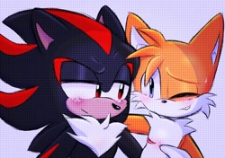 Size: 866x608 | Tagged: safe, artist:nothingst13, miles "tails" prower, shadow the hedgehog, 2024, cute, duo, gay, grey background, looking at each other, scar, shadow x tails, shadowbetes, shipping, simple background, smile, tailabetes, top surgery scars, trans boy tails, trans male, transgender, wink