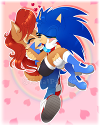 Size: 959x1200 | Tagged: safe, artist:metalpandora, sally acorn, sonic the hedgehog, chipmunk, hedgehog, 2020, abstract background, blushing, carrying them, clothes, duo, female, fully clothed, heart, kiss, male, outline, rainbow, sally x sonic, sally's ringblader outfit, shipping, straight, treads, watermark, white outline