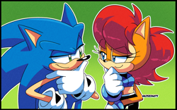 Size: 1374x860 | Tagged: safe, artist:risziarts, sally acorn, sonic the hedgehog, chipmunk, hedgehog, 2023, duo, eye clipping through hair, eyebrow clipping through hair, female, gradient background, green background, lidded eyes, looking at each other, male, raised eyebrow, sally x sonic, sally's ringblader outfit, shipping, smile, smiling at each other, straight, thinking