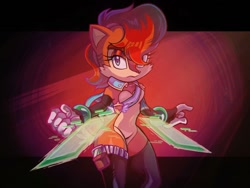 Size: 1080x810 | Tagged: safe, artist:_lovelymiry_, sally acorn, chipmunk, 2025, abstract background, female, frown, gradient background, looking at viewer, pose, redraw, ringblader, solo