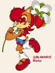 Size: 1536x2048 | Tagged: safe, artist:blnkn01z, sally acorn, chipmunk, 2025, alternate outfit, clothes, female, flower, fruit, fully clothed, holding something, looking at viewer, simple background, smile, smiling at viewer, solo, strawberry, text, wink, winking at viewer